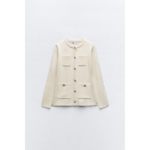 Zara Cream Rhinestone Buttons Padded Shoulders Long Sleeve Cardigan Sweater, NWT - Picture 1 of 7